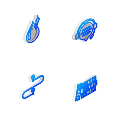 Isometric hattı kulaklıklarını konuşma baloncuğu sohbeti, temiz su damlası, rota konumu ve ofis klasörü simgesi ile ayarla. Vektör.