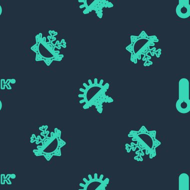 Güneş ve kar tanelerini ayarlayın. Meteoroloji termometresini de kusursuz desene ayarlayın. Vektör.