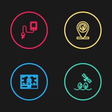 Akıllı tarım teknolojisi, İHA, konum, ağaç ve sensör simgesi. Vektör.