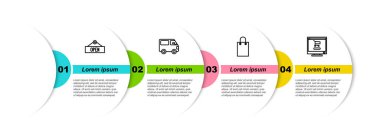 Açık, kargo kamyonu, kağıt alışveriş torbası ve bilgisayardaki alışveriş arabasıyla aynı hizaya geçin. Ticari bilgi şablonu. Vektör.