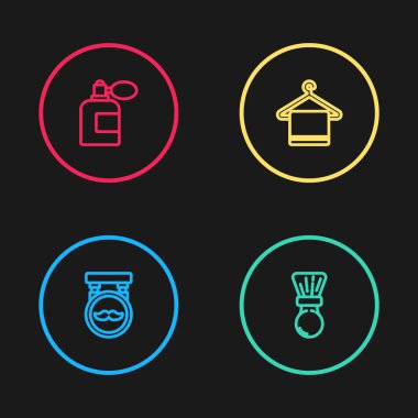 Berber dükkanı, tıraş fırçası, askıda havlu ve atom ikonlu tıraş losyonu şişesi. Vektör.