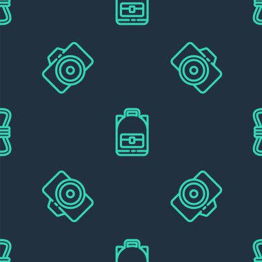 Sırt çantası, fotoğraf makinesi ve tırmanma ipini pürüzsüz bir şekilde ayarlayın. Vektör.