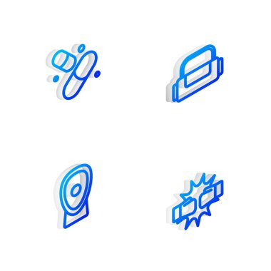 Isometric marka spor çantası, vitamin hapı, boks antrenman patileri ve boks eldiveni ikonu hazırla. Vektör