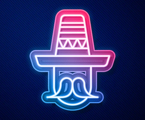 Mavi arka planda izole edilmiş sombrero ikonu giyen parlak neon çizgili Meksikalı adam. Bıyıklı İspanyol adam. Vektör