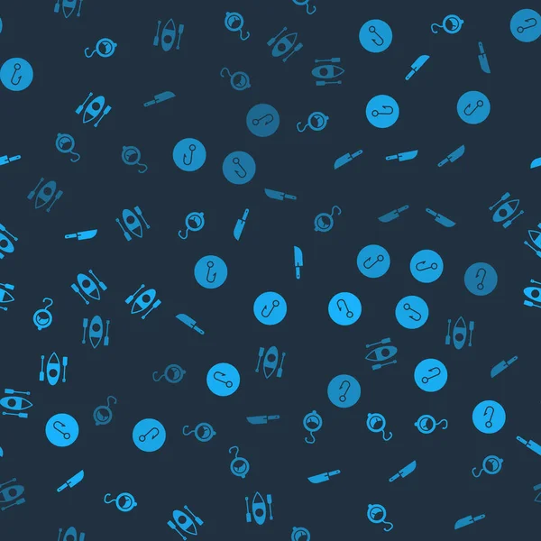 Bahar ölçeği, balık oltası, bıçak ve kano ya da kanoyu pürüzsüz desenlere ayarlayın. Vektör.