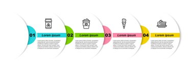 Sıraya dizilmiş bal kavanozu, paket kahve fincanı waffle külahında dondurma ve kek. Ticari bilgi şablonu. Vektör