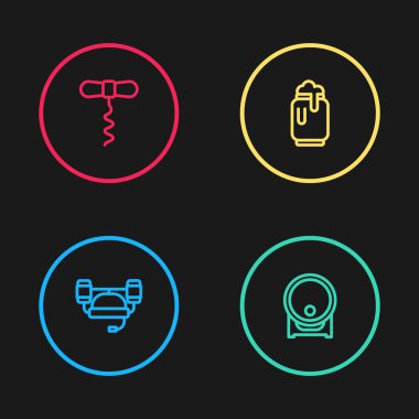 Çizgi bira kaskı, tahta fıçı, köpük ve şarap tirbuşonu ikonu. Vektör