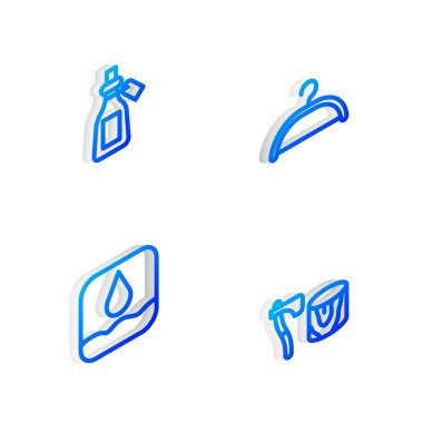 Isometric Line Hanger gardırobu, temel yağ şişesi, su damlası ve tahta baltayı kütük simgesine yerleştirin. Vektör