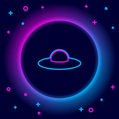 Parlayan neon hattı UFO uçan uzay gemisi simgesi siyah arkaplanda izole edildi. Uçan daire. Uzaylı uzay gemisi. Gelecekteki bilinmeyen uçan nesne. Renkli taslak konsepti. Vektör
