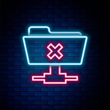 Parlayan neon hattı FTP iptal işlem simgesi tuğla duvar arka planında izole edildi. Yazılım güncellemesi, transfer protokolü, yönlendirici, takım çalışması araç yönetimi, kopyalama işlemi. Renkli taslak konsepti. Vektör