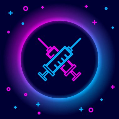 Parlayan neon çizgisi siyah zemin üzerinde izole edilmiş şırınga simgesini çaprazladı. Aşı için şırınga, aşı, iğne, grip aşısı. Tıbbi ekipman. Renkli taslak konsepti. Vektör