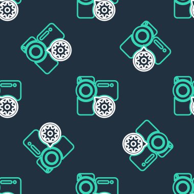 Line Video kamera ve dişli ikonu siyah arkaplanda izole edilmiş kusursuz desen. Uygulama, servis konsepti, ayar seçenekleri, bakım, onarım, onarım. Vektör