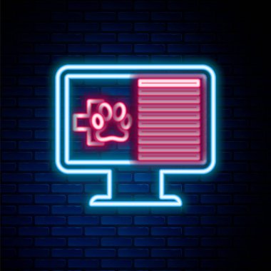 Parlayan neon hattı tıbbi kayıt evcil hayvanı, duvarın arkasında izole edilmiş monitör ikonunda. Sağlık sigortası formu. Reçete, tıbbi kontrol işaretleri raporu. Renkli taslak konsepti. Vektör