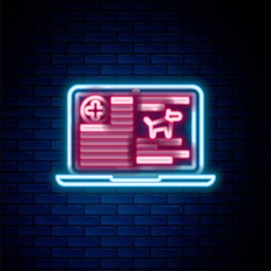 Parlayan neon hattı dizüstü bilgisayardaki tıbbi kayıt köpeği tuğla duvar arka planında izole edilmiş. Sağlık sigortası formu. Reçete, tıbbi kontrol işaretleri raporu. Renkli taslak konsepti. Vektör