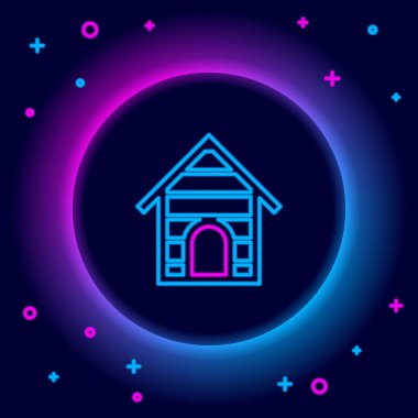 Parlayan neon hattı köpek evi simgesi siyah arka planda izole edildi. Köpek kulübesi. Renkli taslak konsepti. Vektör