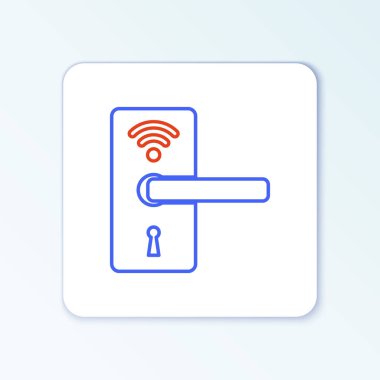 Beyaz arkaplanda izole edilmiş ikonu açmak için kablosuz teknolojiye sahip çizgi dijital kapı kilidi. Kapı kolu tabelası. Güvenlik akıllı ev. Renkli taslak konsepti. Vektör