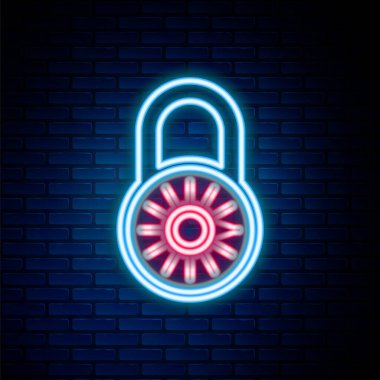 Parlayan neon hat kasa kombinasyonu kilit tekerleği simgesi tuğla duvar arka planında izole edildi. Kombinasyon asma kilit. Güvenlik, güvenlik, koruma, şifre, gizlilik. Renkli taslak konsepti. Vektör