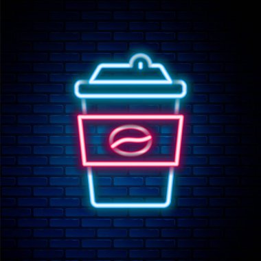 Parlayan neon hatlı kahve fincanı tuğla duvar arkasında izole edilmiş bir ikon haline gelecek. Renkli taslak konsepti. Vektör