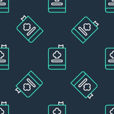 Çizgi Kitabı simgesi siyah arkaplanda kusursuz desen izole etti. Yemek kitabı ikonu. Yemek tarifi kitabı. Çatal ve bıçak ikonları. Çatal bıçak sembolü. Vektör