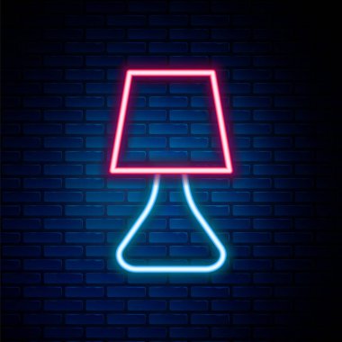 Parlak neon çizgili masa lambası ikonu tuğla duvar arka planında izole edildi. Masa lambası. Renkli taslak konsepti. Vektör