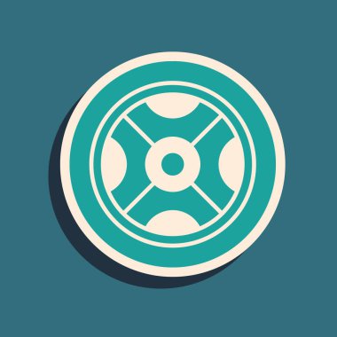 Yeşil Araba Tekerleği simgesi yeşil arka planda izole edildi. Uzun gölge tarzı. Vektör