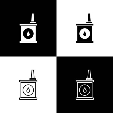 Motor makine yağı ikonu için siyah ve beyaz arka planda izole edilmiş bir teneke kutu ayarla. Benzin bidonu. Yağ değiştirme ve onarım servisi. Vektör