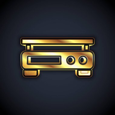 Altın Elektronik ölçek simgesi siyah arkaplanda izole edildi. Ağırlık ölçüm aletleri. Vektör