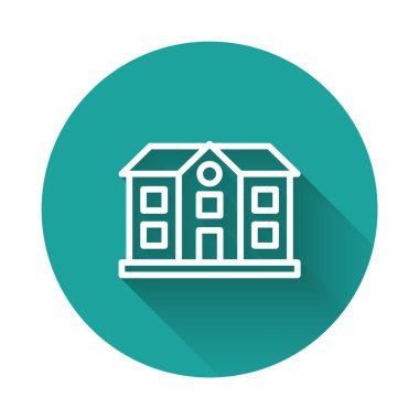 Beyaz çizgi ev simgesi uzun gölge arkaplanı ile izole edildi. Ev sembolü. Yeşil daire düğmesi. Vektör