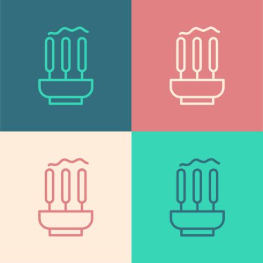 Pop sanat eseri yanan aromatik tütsü çubukları renk arkaplanında izole edilmiş. Vektör