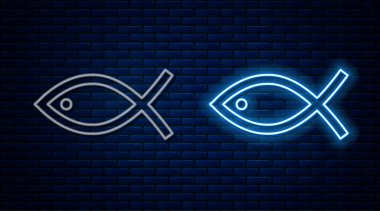 Parlayan neon hattı Hıristiyan balık sembolü tuğla duvar arkasında izole edilmiş. İsa 'nın balık sembolü. Vektör