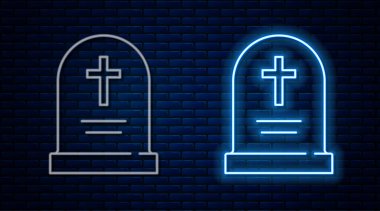Duvarda izole edilmiş haç simgesi olan parlak neon çizgisi Tombstone. Mezar ikonu. Mutlu Cadılar Bayramı Partisi. Vektör
