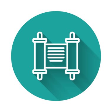 Beyaz çizgi kararnamesi, kağıt, parşömen, parşömen simgesi uzun gölge arkaplanı ile izole edilmiş. Çin parşömeni. Yeşil daire düğmesi. Vektör