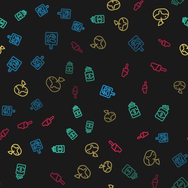 Hat kesme tahtası, şeker kavanozu, elma karamel ve dondurmayı pürüzsüz desene ayarlayın. Vektör