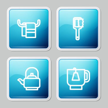 Havluyu askıya koy, sauna fırçası, saplı çaydanlık ve çay poşeti ikonu. Vektör