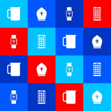 Kahve fincanı, Pope şapkası, kablosuz Smartwatch ve mobil uygulama simgesi. Vektör.