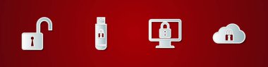 Asma kilidi aç, USB belleği aç, monitörü kilitle ve Cloud bilgisayar simgesini kullan. Vektör.