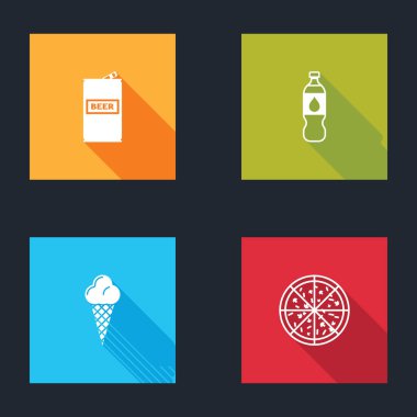Bira kutusu, bir şişe su waffle külahında dondurma ve pizza ikonu. Vektör.