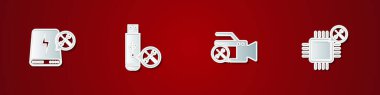 Güç bankası servisini, USB flash diski, video kamera ve işlemci simgesini ayarla. Vektör.