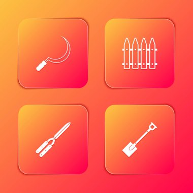 Orak 'ı, bahçe çitini, bahçe makasını ve kürek ikonunu hazırlayın. Vektör.