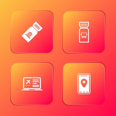 Müze bileti, otobüs, dizüstü bilgisayar ve şehir haritası simgesinin bilgilerini ayarla. Vektör.