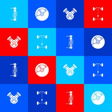 Şok emiciyi, hız göstergesini, araba motorunu ve Chassis araba simgesini ayarla. Vektör.