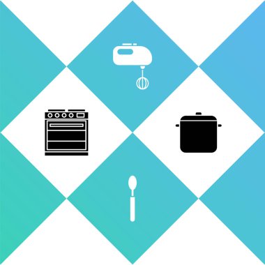 Fırın, kaşık, elektrikli mikser ve tencere ikonu hazırla. Vektör.