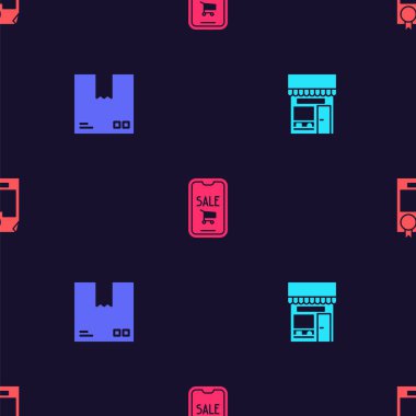 Alışveriş binası veya market, trafik sembollü mukavva kutu, cep telefonu, alışveriş arabası ve sertifika şablonunu pürüzsüz şablona ayarla. Vektör.