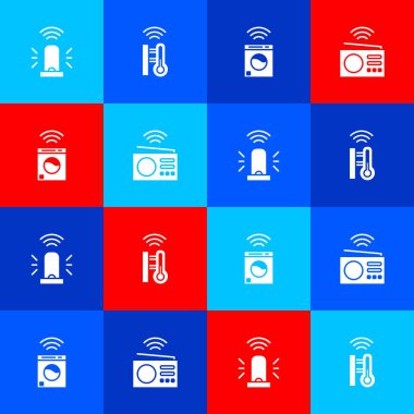 Akıllı teşhirci sirenini, termometreyi, çamaşır makinesini ve radyo ikonunu ayarla. Vektör.