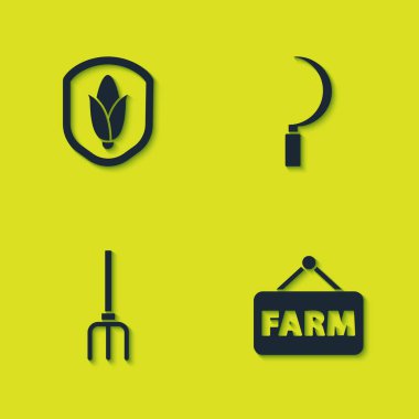 Kalkan mısırı, metin çiftliği, bahçe yabası ve orak ikonu olan tabela. Vektör.