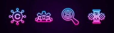 Kopyalama ağı, Proje ekibi tabanı, büyüteç, dolar ve kum saati ekipmanları. Parlayan neon ikonu. Vektör.