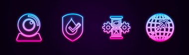 Web kamerası, su geçirmez, kum saati, teçhizat ve uçan uçakla Globe 'u ayarla. Parlayan neon ikonu. Vektör.