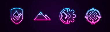 Hattı, su geçirmez, dağları, saati, teçhizatı ve dış kaynak konseptini ayarla. Parlayan neon ikonu. Vektör.