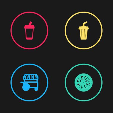 Fast Street yemek arabası, Pizza, su ve ikonlu cam. Vektör.