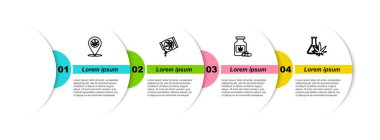 Sabit hat konumu ve marihuana, marihuana veya kenevir tohumu, tıbbi şişe ve test tüpü. Ticari bilgi şablonu. Vektör.